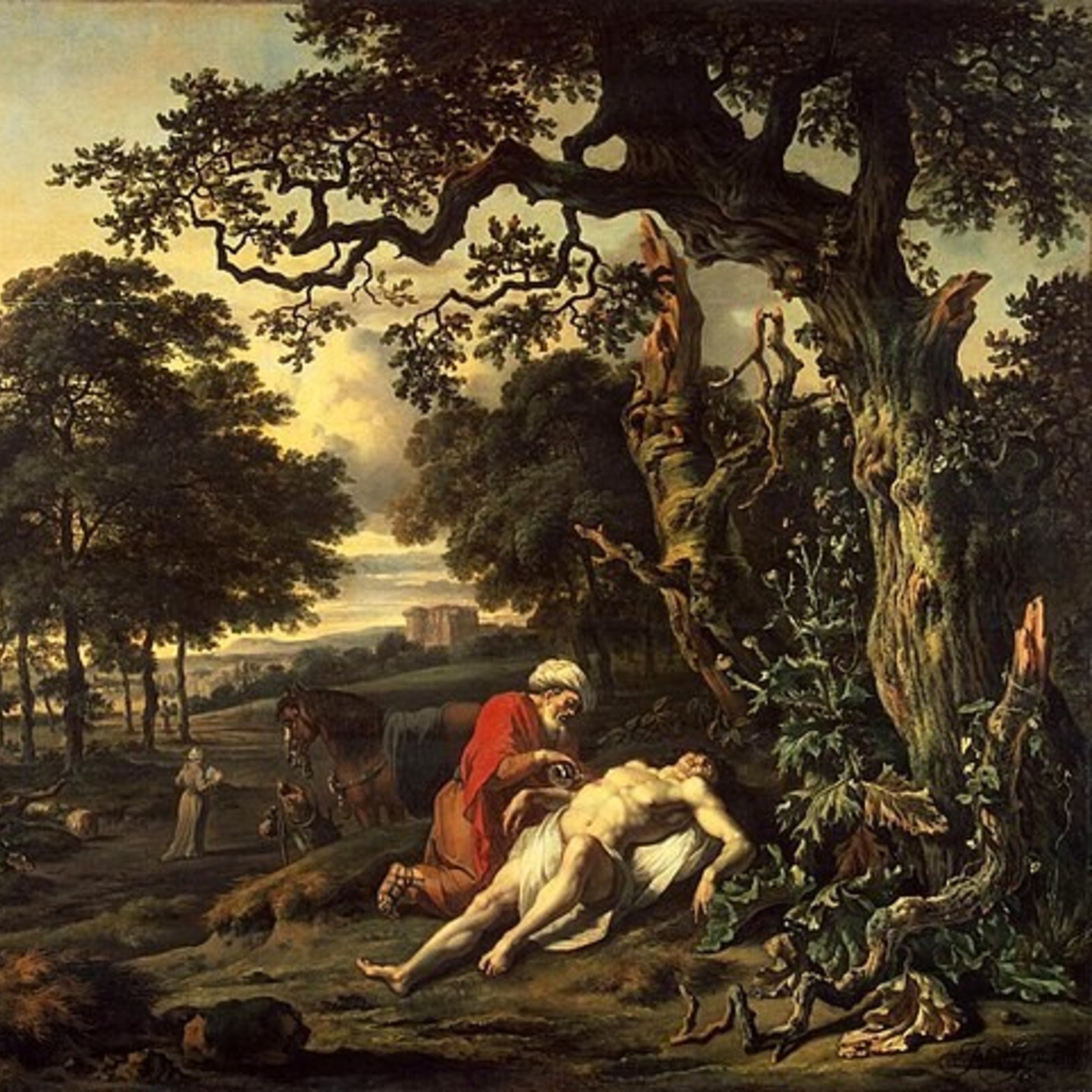 Painting of the parable of the Good Samaritan by Jan Wijnants, showing a man caring for an injured traveler on a rugged road, illustrating compassion and mercy.