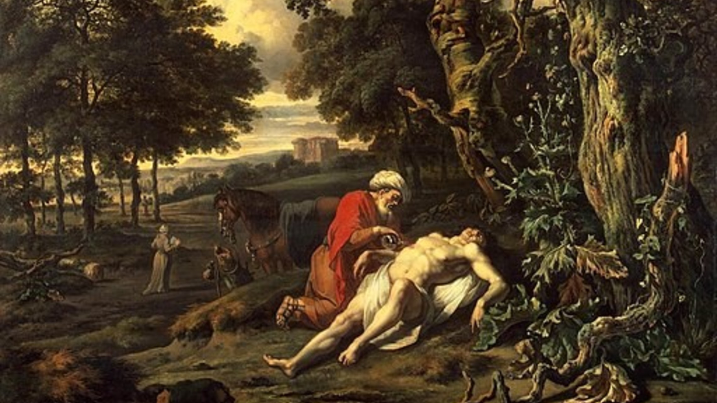 Painting of the parable of the Good Samaritan by Jan Wijnants, showing a man caring for an injured traveler on a rugged road, illustrating compassion and mercy.