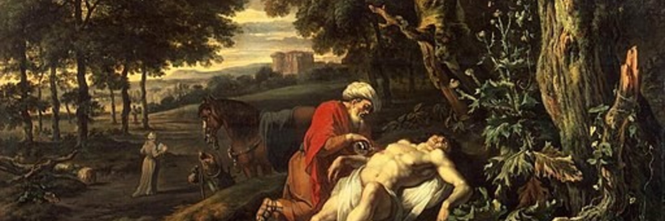 Painting of the parable of the Good Samaritan by Jan Wijnants, showing a man caring for an injured traveler on a rugged road, illustrating compassion and mercy.